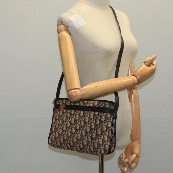 Christian Dior Trotter Canvas Shoulder Bag Beige Gold Auth 104205
